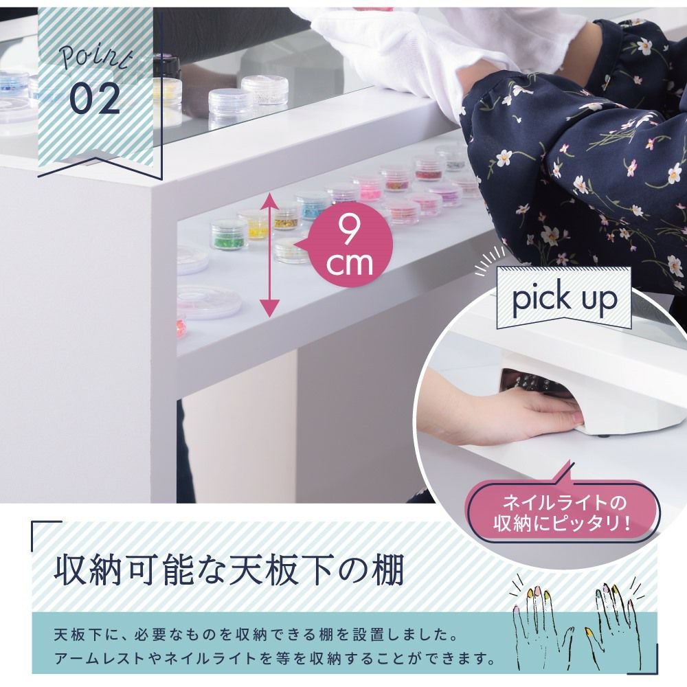ayano　ネイルテーブル ネイルデスク 2口コンセント付き 机 ガラス サロン 作業台 新生活