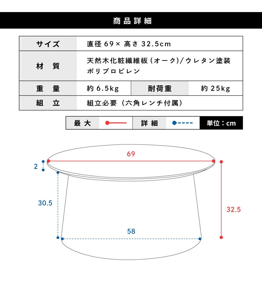 ローテーブル リビングテーブル 幅69cm センターテーブル 丸テーブル