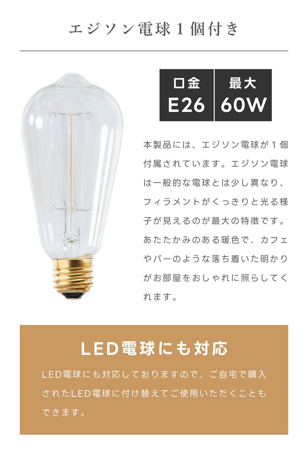 ライト 1灯 照明 エジソン球 電球付き 照明器具 ホワイト ブラック