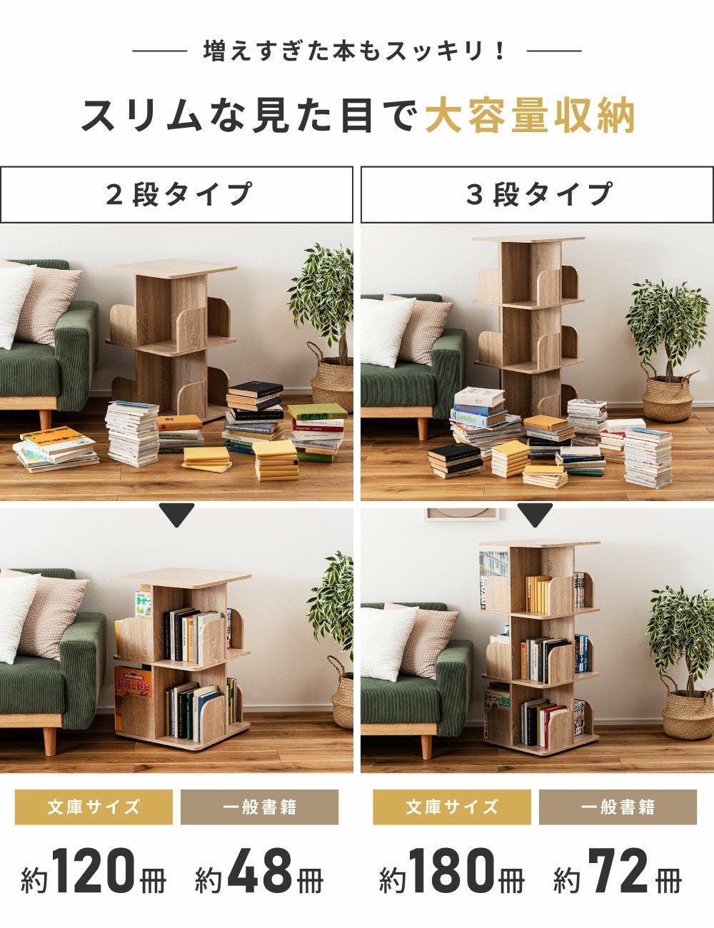 本棚 回転シェルフ 3段 2段 棚 オープン収納 360度回転 スリム 回転式